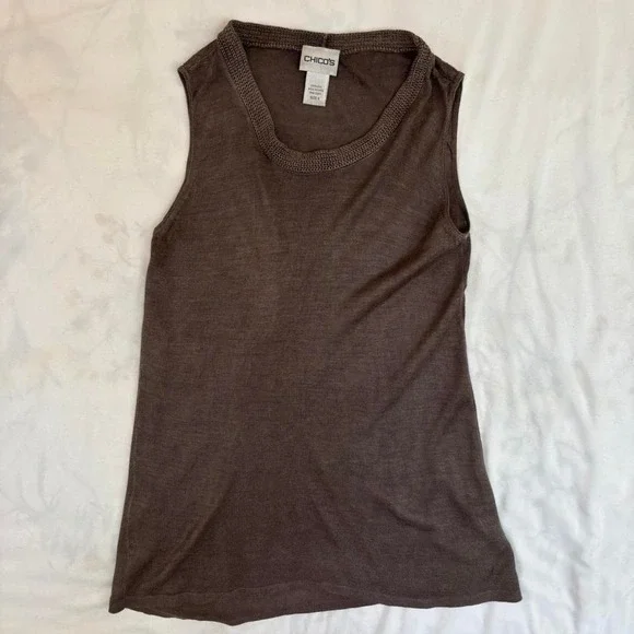 Brown Silk Knit Sleeveless Top Chicos Small Boho Coquette Whimsygoth Lightweight - Picture 5 of 8